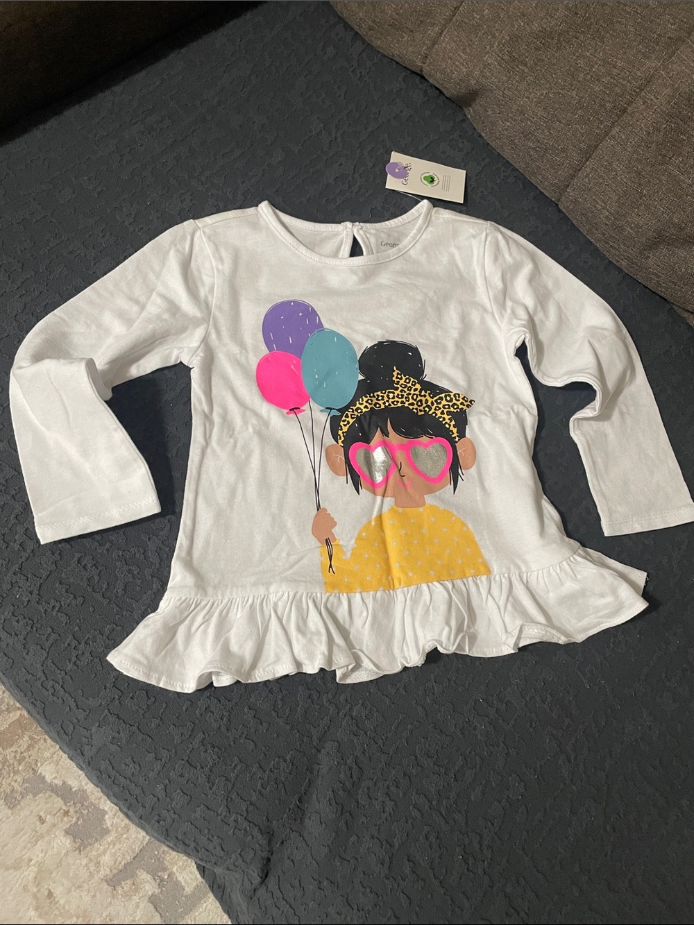 George White Long-Sleeve Ruffle Hem Top with Colorful Balloon Girl Graphic